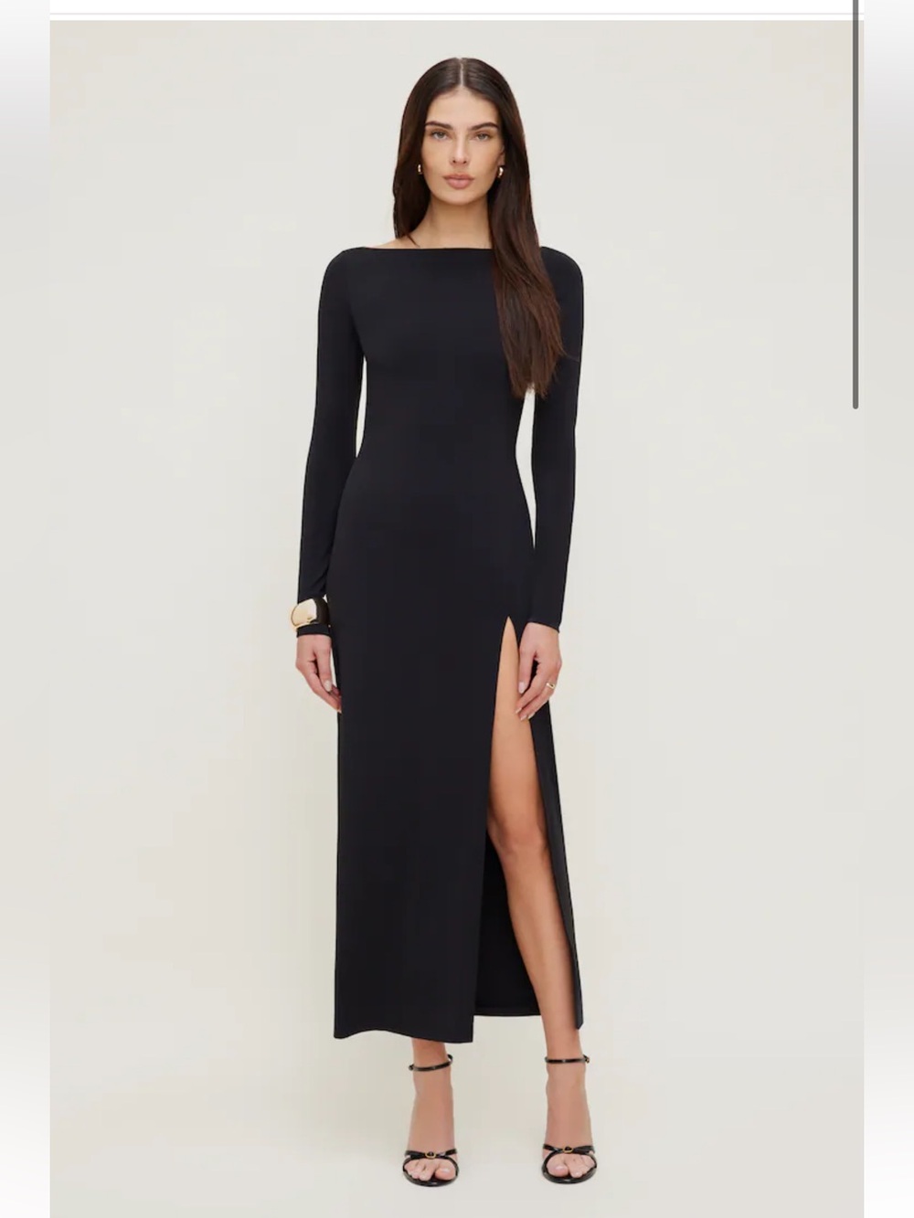 Dynamite Black Long-Sleeve Open Back Maxi Dress with High Side Slit
